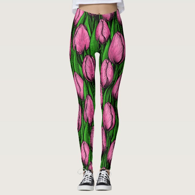 Rosa Tulpen mit grünen Blätter Leggings (Vorderseite)