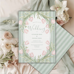 Rosa Tulpen Sagegrün gestreifte Vintage-Hochzeit Einladung