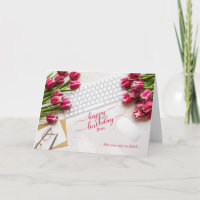 Rosa Tulpen und Desktop zum Geburtstag des Chefs