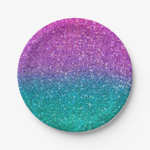 Rosa Türkis Aqua Blau und Lila funkelnde Glitter-P Pappteller