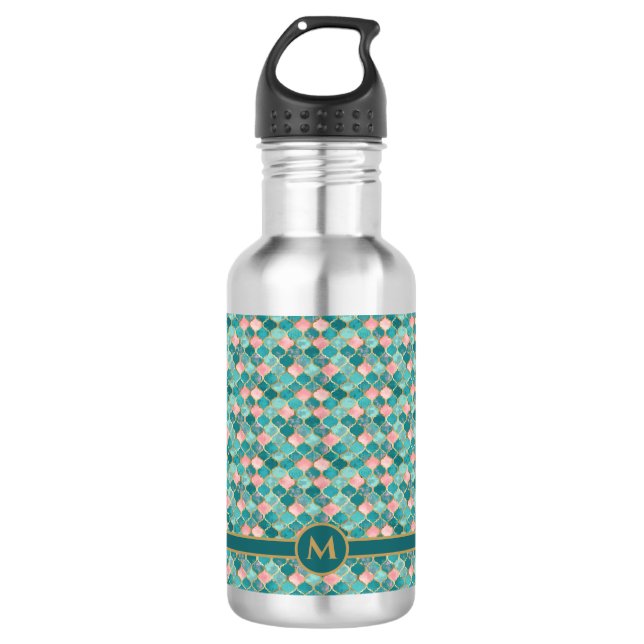 Rosa Türkis Gold Muster Elegant Personalisiert Edelstahlflasche (Vorderseite)