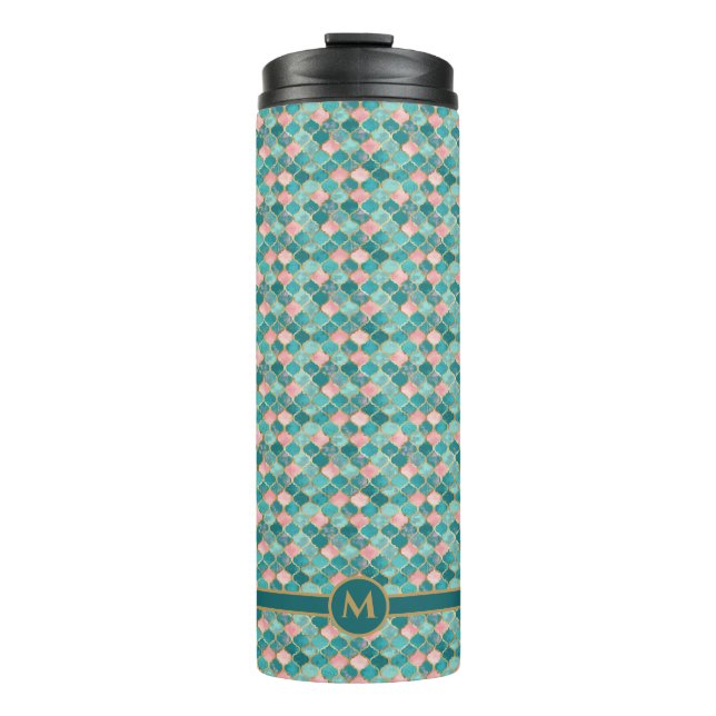 Rosa Türkis Gold Muster Elegant Personalisiert Thermosbecher (Vorderseite)