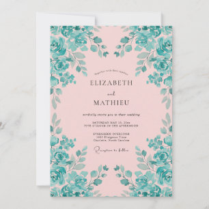 Rosa Türkis Lebendige Wasserfarben-Hochzeit Einladung
