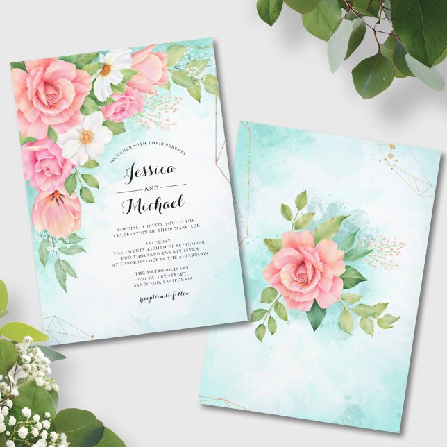 Rosa Türkis Ombre Floral Bouquet Rose Hochzeit Einladung (Von Creator hochgeladen)