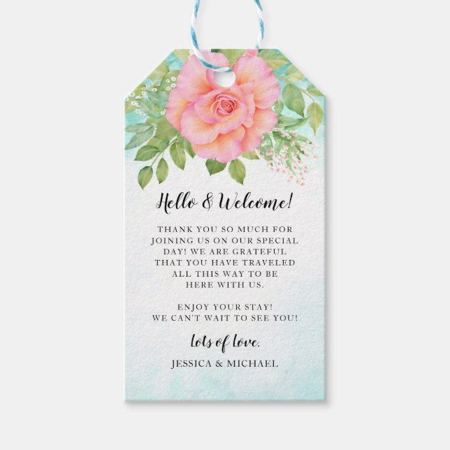 Rosa Türkis Ombre Rose Hochzeit Begrüßung Geschenkanhänger (Vorderseite)