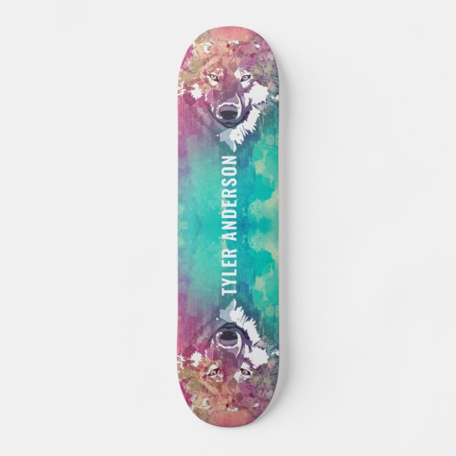 Rosa Türkisblau-Wolf-Monogramm Skateboard (Vorderseite)