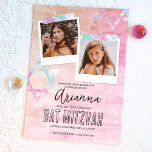Rosa Türkischer Glitzer Bat Mitzvah Foto Einladung<br><div class="desc">Scrapbook Stil Bat Mitzvah Einladung mit einem bedrückten rosa handgefertigten Papier Look. Niedliche quadratische Fotos mit glitzerndem Scrapband und David-Kunstwerk auf zerbrochenem Papier sind ein wunderschönes Vintages Aussehen für Ihre Geburtstagsfeier. Foto-Beschriftungen können in jede beliebige Wortwahl geändert werden. Lade deine Fotos einfach in die Fotorahmen hoch. Diese rosa und türkisfarbenen...</div>