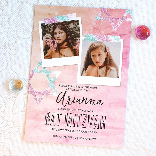 Rosa Türkischer Glitzer Bat Mitzvah Foto Einladung (Pink Glitter Photo Scrap Book Style Bat Mitzvah Invitation, Cute Photo Collage Invites)