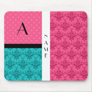 Rosa Türkisdamast des Namens und des Monogramms Mousepad