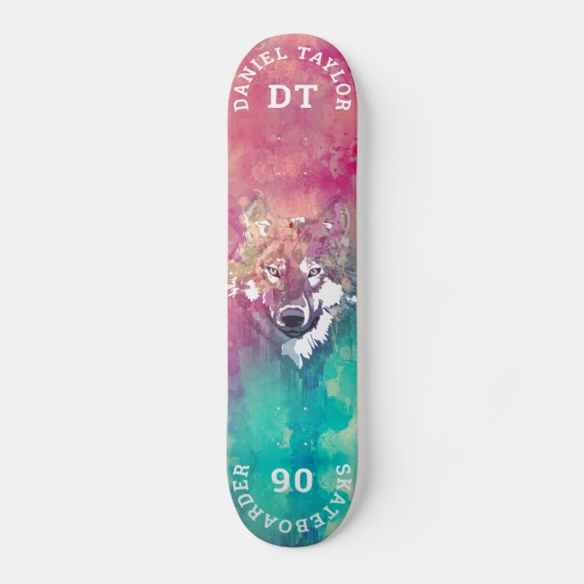 Rosa Türkisfarben Künstlerische Monogramm Wolf Skateboard (Vorderseite)