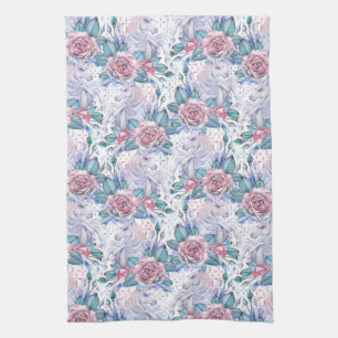 Rosa u. blaues Rosen-Muster Geschirrtuch