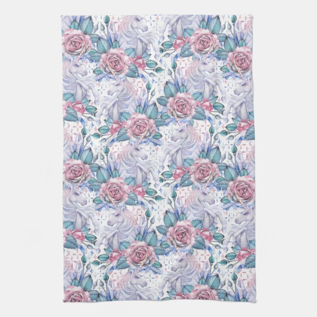 Rosa u. blaues Rosen-Muster Geschirrtuch (Vertikal)