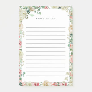 Rosa u. CremeVintager Watercolor-Blumenname Post-it Klebezettel