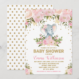 Rosa u. Goldblumenelefant-Babyparty-Einladung Einladung