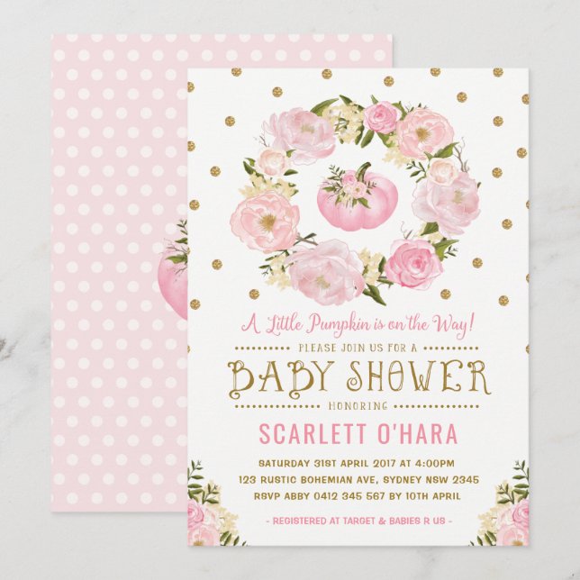 Rosa-u. Goldblumenkürbis-Babyparty-Einladung Einladung (Vorne/Hinten)