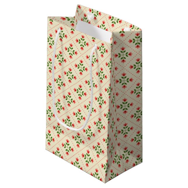 Rosa u. grünes Steppdecken-Volkskunst-mit Kleine Geschenktüte (Vorderseite Schrägansicht)