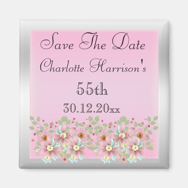 Rosa u. silbernes Save the Date mit Blumen55. Magnet (Vorne)