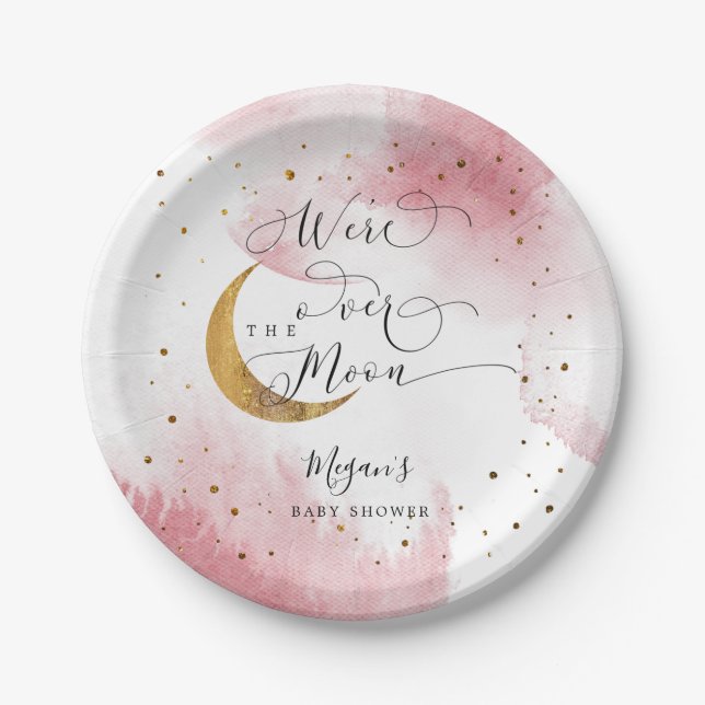 Rosa über dem Mond Gold Stars Babydusche Pappteller (Vorderseite)