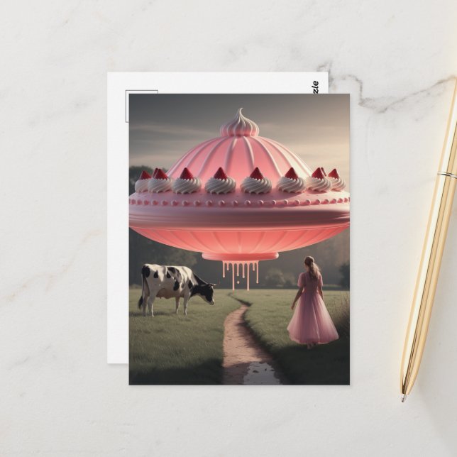 Rosa UFO Surreal Süße Leckerei in Milchweide Postkarte (Vorderseite/Rückseite Beispiel)