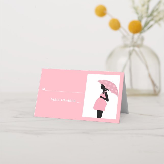 Rosa Umbrella Polka Dots Baby Showcard Platzkarte (Vorderseite)