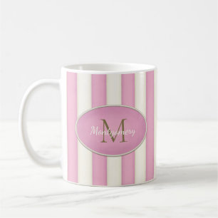 Rosa und antike weiße Streifen Bronze Monogramm Kaffeetasse
