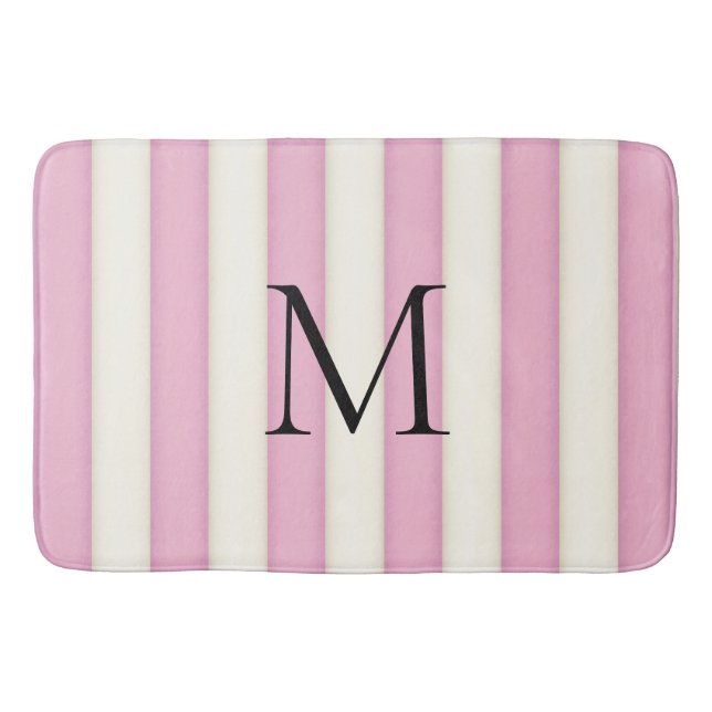 Rosa und antike weiße Streifen Mit Monogramm Badematte (Vorderseite)