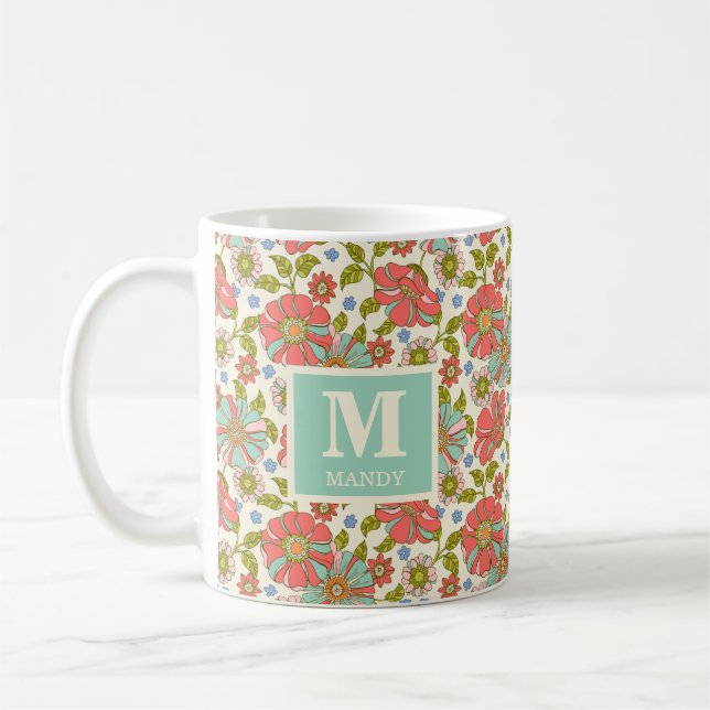 Rosa und Aqua Retro Floral Kaffeetasse (Links)