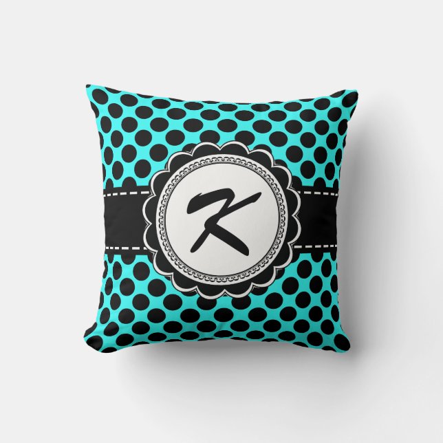 Rosa-und Aqua-Tupfen-Retro Monogramm-Buchstabe K Kissen (Vorderseite)