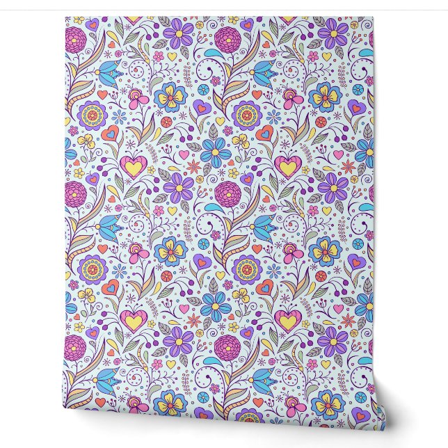 Rosa und Aquamarin Moderne doodle Blumenmuster Tapete (Abrollen)