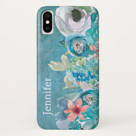 Rosa und aquamarine Aquarellblumen personalisiert Case-Mate iPhone Hülle