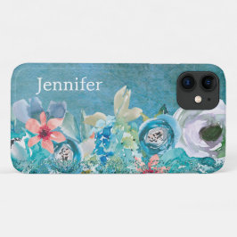 Rosa und aquamarine Aquarellblumen personalisiert Case-Mate iPhone Hülle