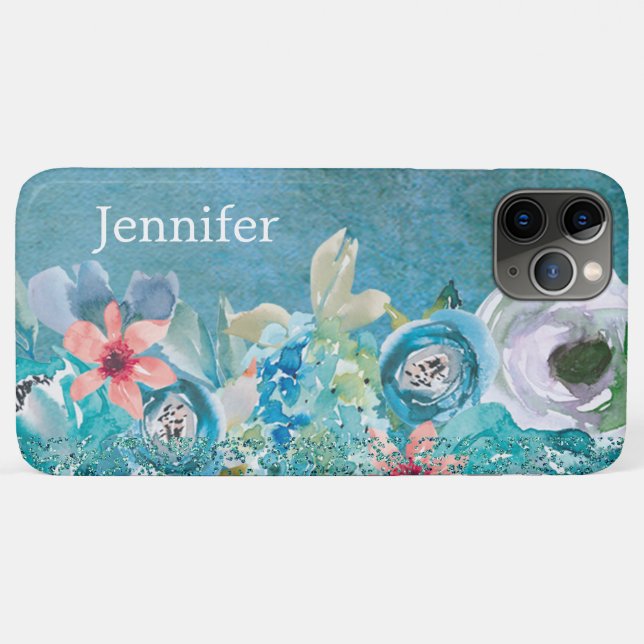 Rosa und aquamarine Aquarellblumen personalisiert Case-Mate iPhone Hülle (Rückseite (Horizontal))