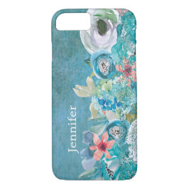 Rosa und aquamarine Aquarellblumen personalisiert Case-Mate iPhone Hülle