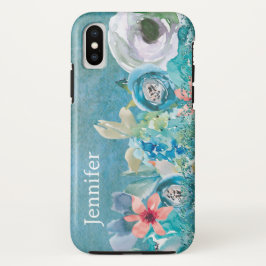Rosa und aquamarine Aquarellblumen personalisiert Case-Mate iPhone Hülle