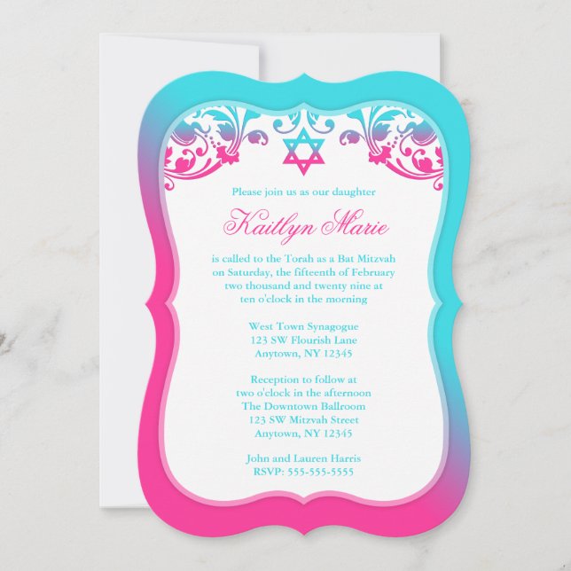 Rosa und Aquamarine blaue Wirbel Bat Mitzvah Einladung (Vorderseite)