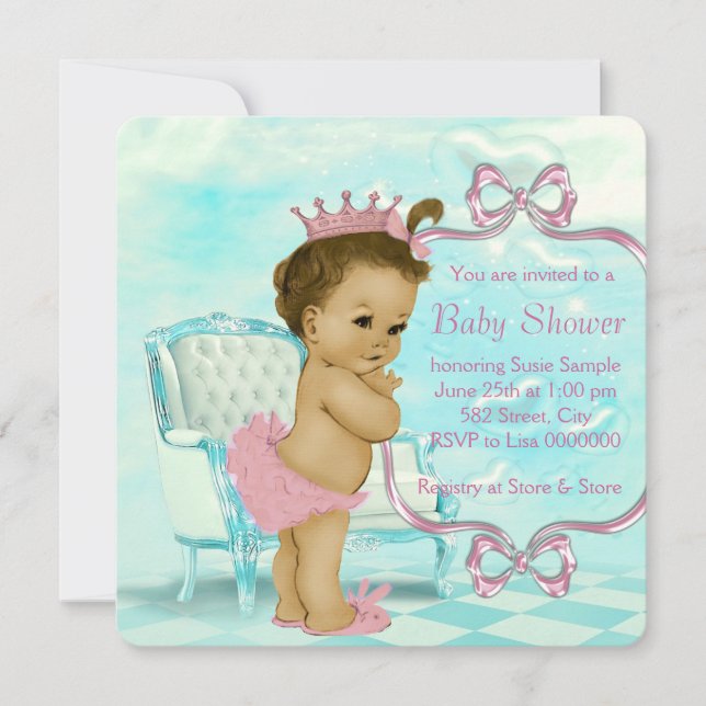Rosa und Aquamarine Blue African American Baby Dus Einladung (Vorderseite)
