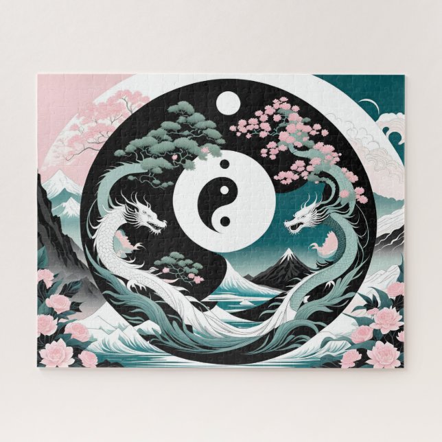 Rosa und Aquamarine Drachen Asiatische Landschaft  (Horizontal)