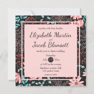 Rosa und Aquamarine dunkle Blumenmuster Hochzeit Einladung