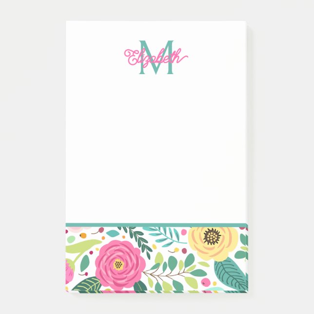 Rosa und Aquamarine Frühlingsflorenmonogramm Post-it Klebezettel (Vorderseite)