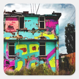 Rosa und Aquamarine Graffiti Kunst | Abandred Hous Quadratischer Aufkleber