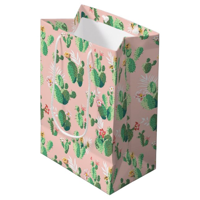 Rosa und Aquamarine Kaktus Südwestbeutel Mittlere Geschenktüte (Vorderseite Schrägansicht)