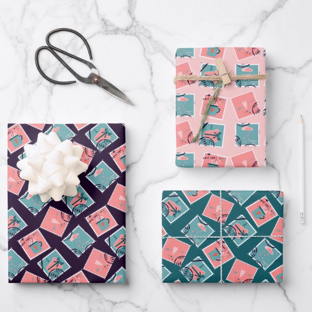 Rosa und Aquamarine Liebe Briefmarke Geschenkpapier Set (Vorderseite)