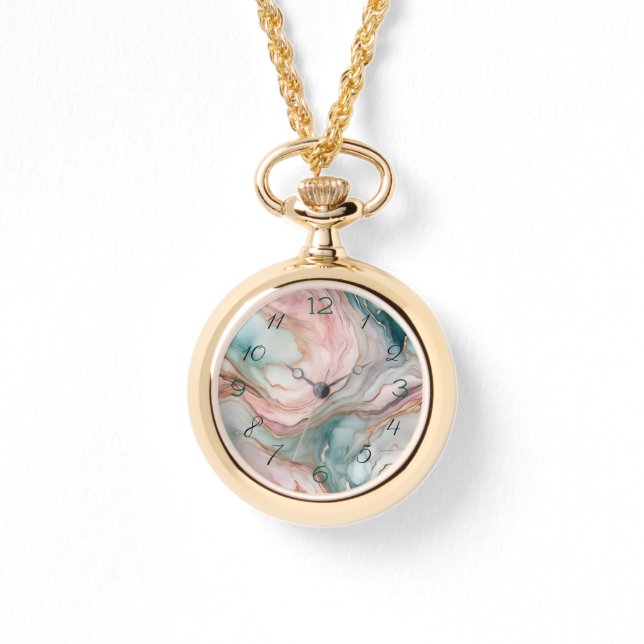 Rosa und Aquamarine Marmordrucke Armbanduhr (Vorderseite)