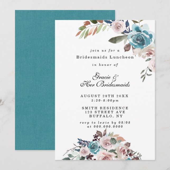 Rosa und Aquamarine Peony Bridesmaids Luncheon Ein (Vorne/Hinten)