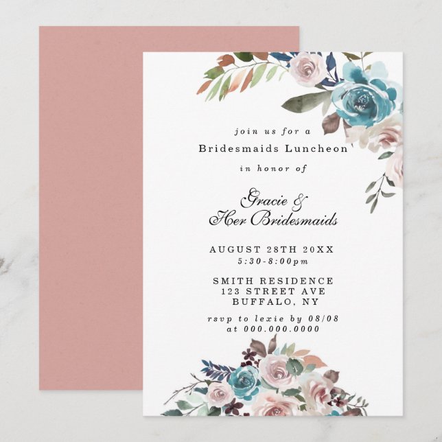 Rosa und Aquamarine Peony Bridesmaids Luncheon Ein (Vorne/Hinten)