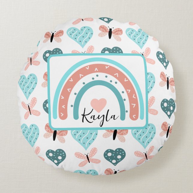 Rosa und Aquamarine Regenbogen, Schmetterlinge und Rundes Kissen (Vorderseite)