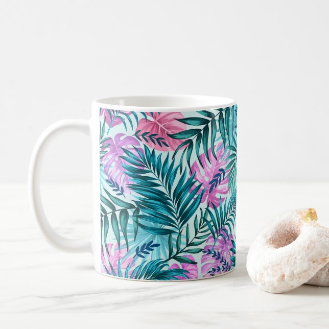 Rosa und Aquamarine tropische Palmen & Monstera Bl Kaffeetasse (Mit Donut)