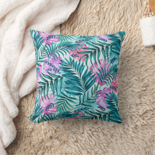 Rosa und Aquamarine tropische Palmen & Monstera Bl Kissen