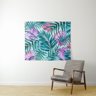 Rosa und Aquamarine tropische Palmen & Monstera Bl Wandteppich