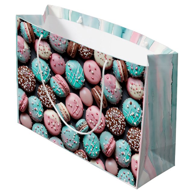 Rosa und Aquamariner Macaron zum Geburtstag Große Geschenktüte (Rückseite Schrägansicht)